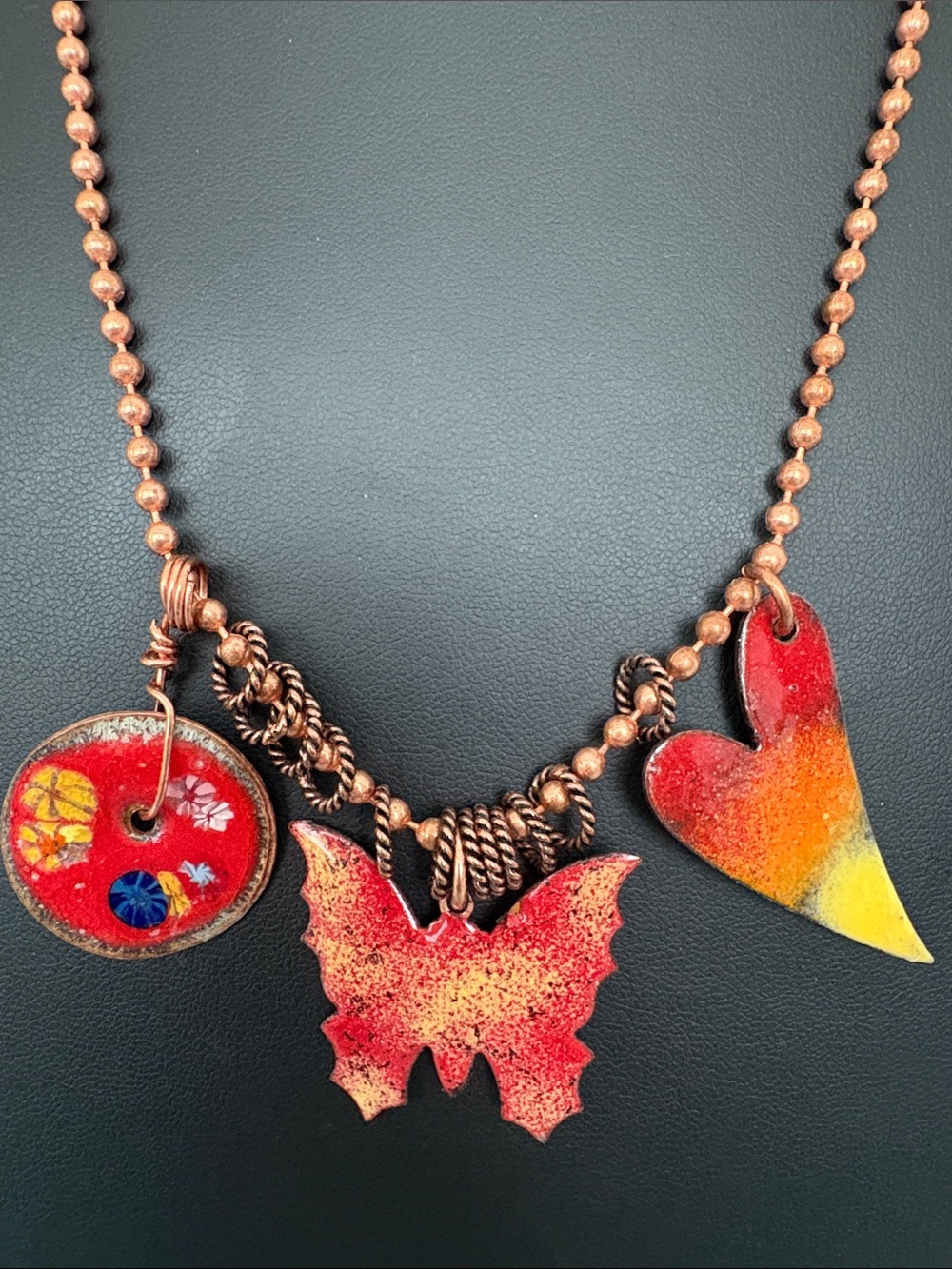 Handcrafted Enameled Copper Ball Chain Necklace Removable Butterfly Heart Charms